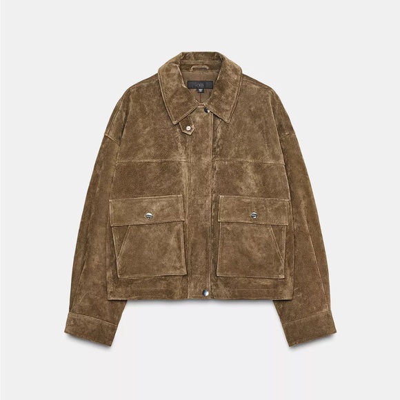 Zara Olive Brown natural suede leather bomber jacket - Picture 2 of 11